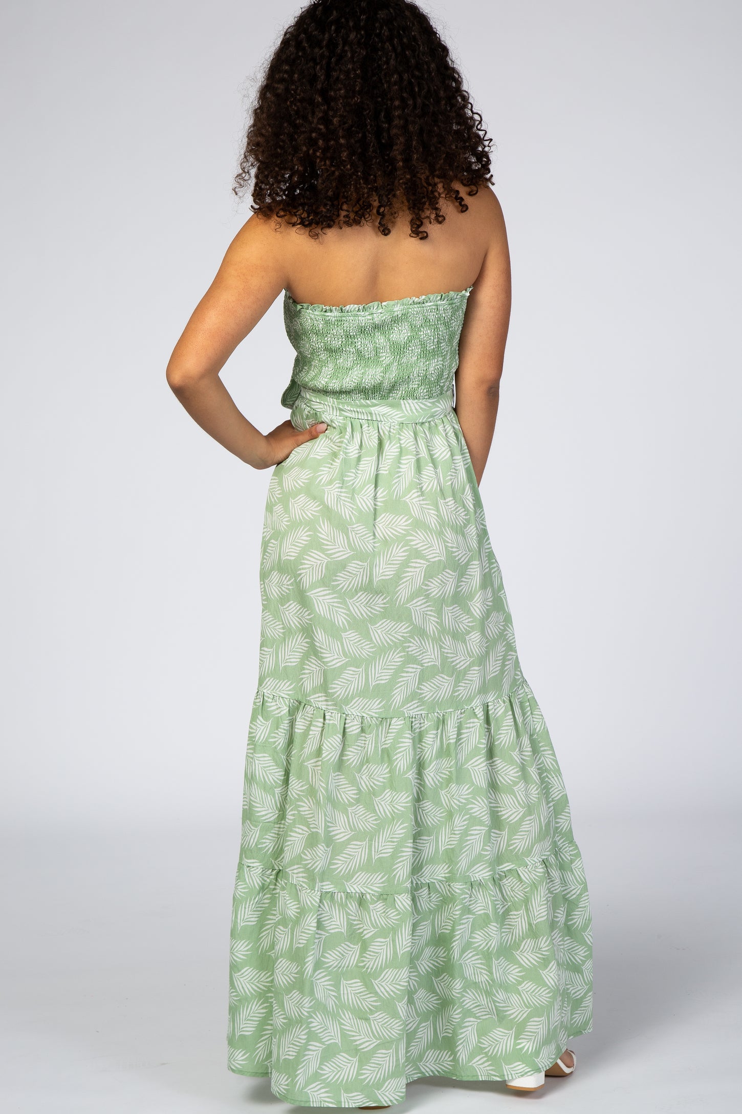 Light Green Palm Print Tiered Maxi Dress