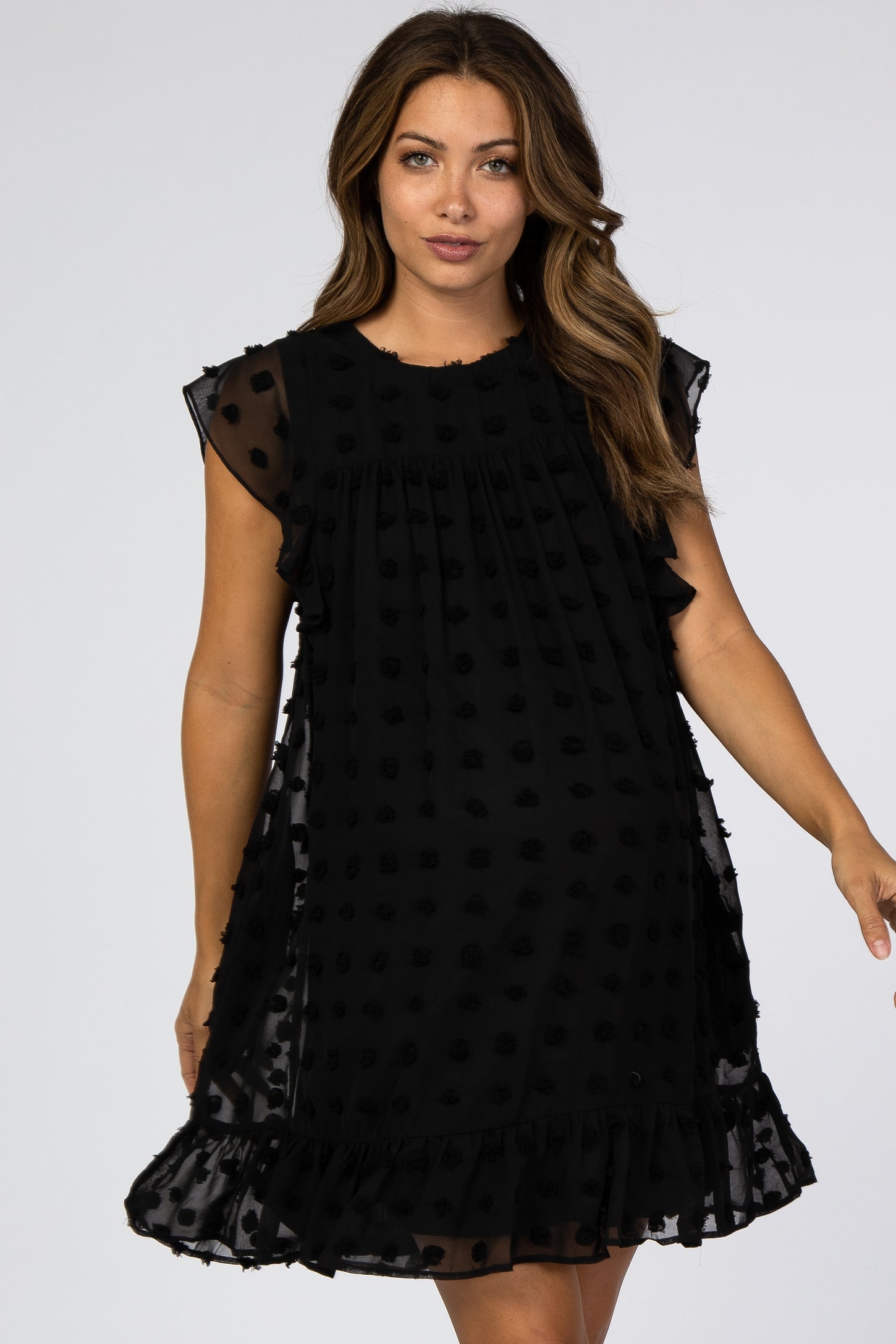 Black Textured Polka Dot Ruffle Maternity Dress