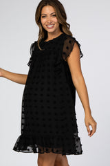 Black Textured Polka Dot Ruffle Maternity Dress