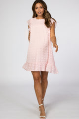 Light Pink Textured Polka Dot Ruffle Maternity Dress