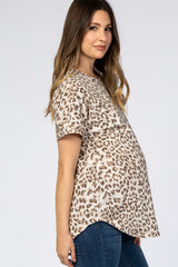 Taupe Leopard Print  Short Sleeve Maternity Top