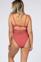 Mauve Ribbed Side Tie One-Piece Maternity Swimsuit