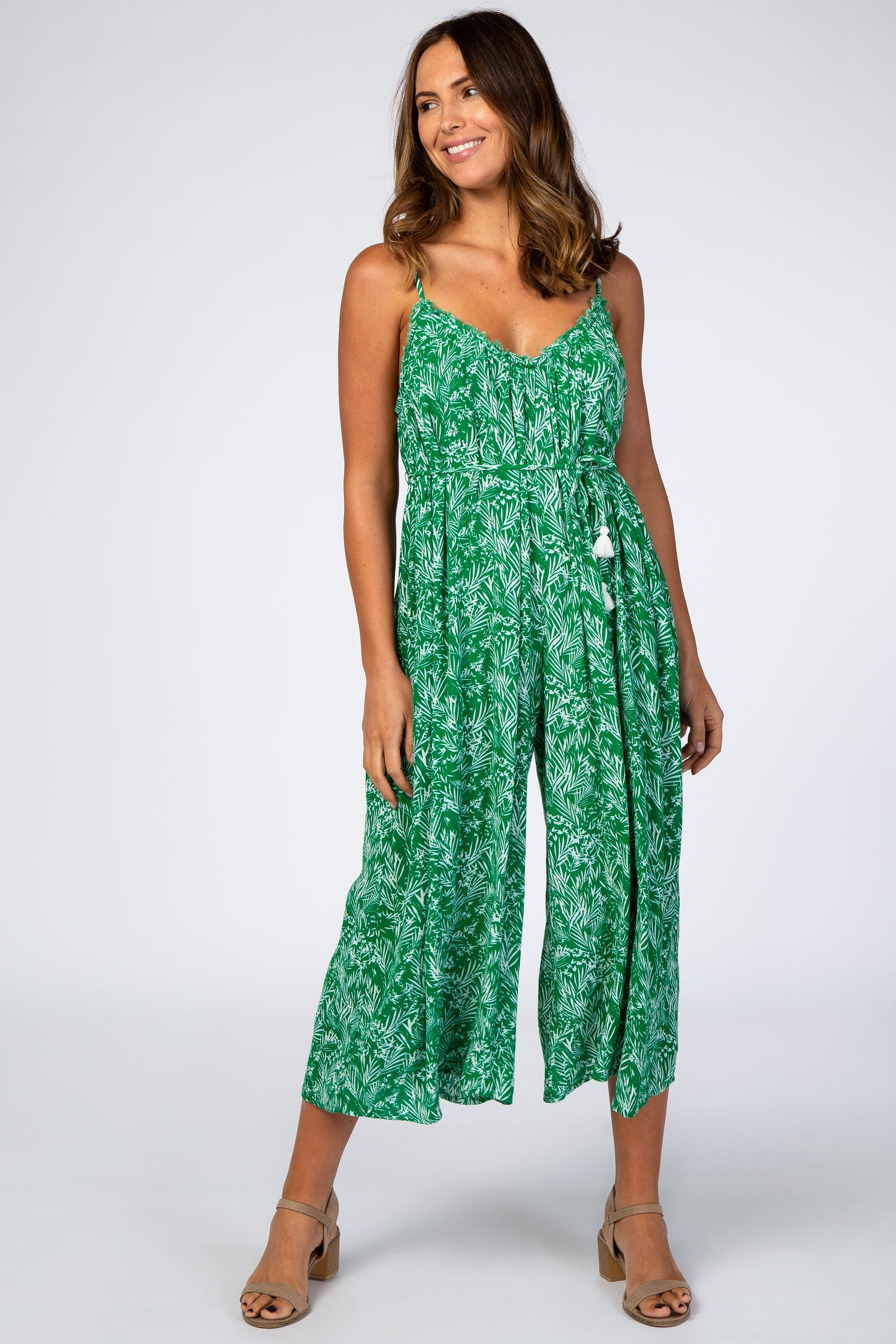 Green Tropical Print Jumpsuit