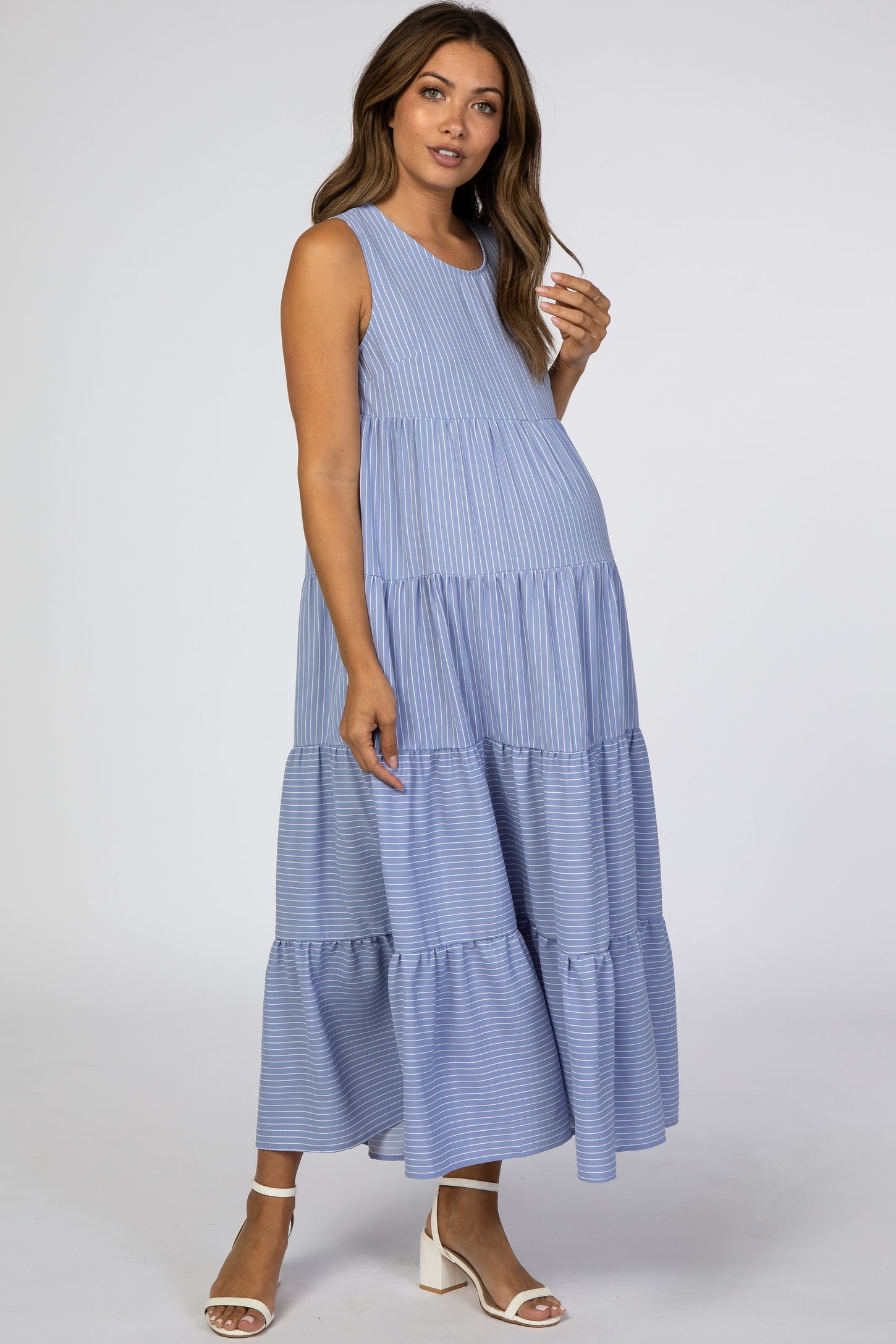 Light Blue Striped Tiered Maternity Maxi Dress