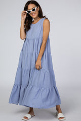 Light Blue Striped Tiered Maternity Maxi Dress
