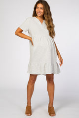 Ivory Grid Printed Ruffle Trim Maternity Dress