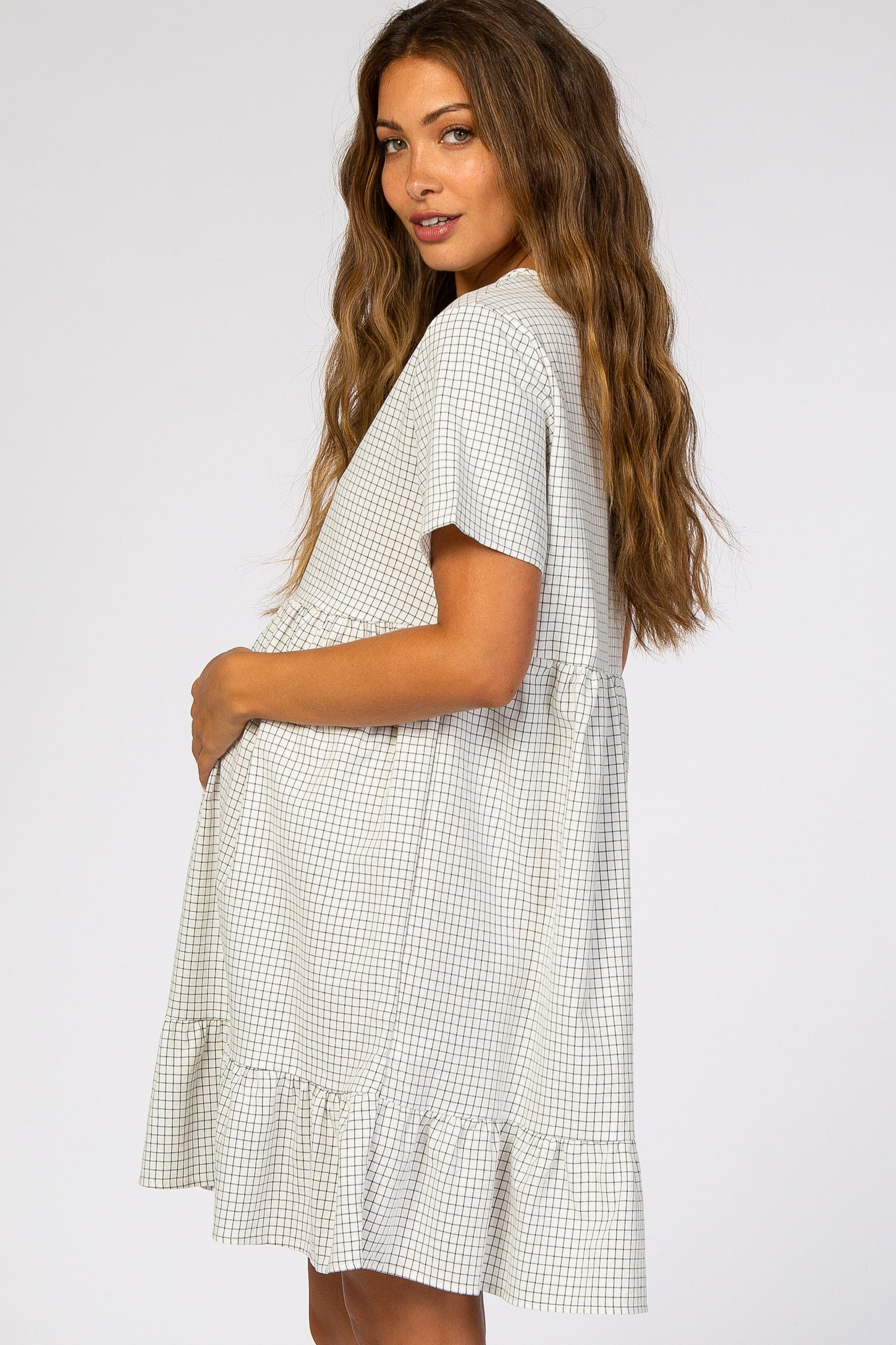 Ivory Grid Printed Ruffle Trim Maternity Dress