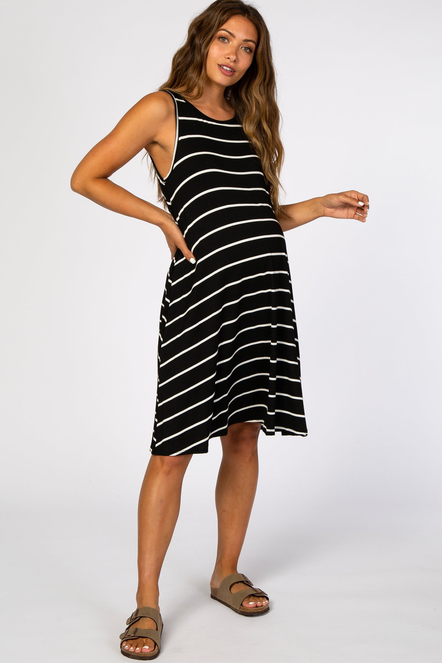 Black Striped Sleeveless Maternity Dress