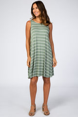 Light Olive Striped Sleeveless Dress