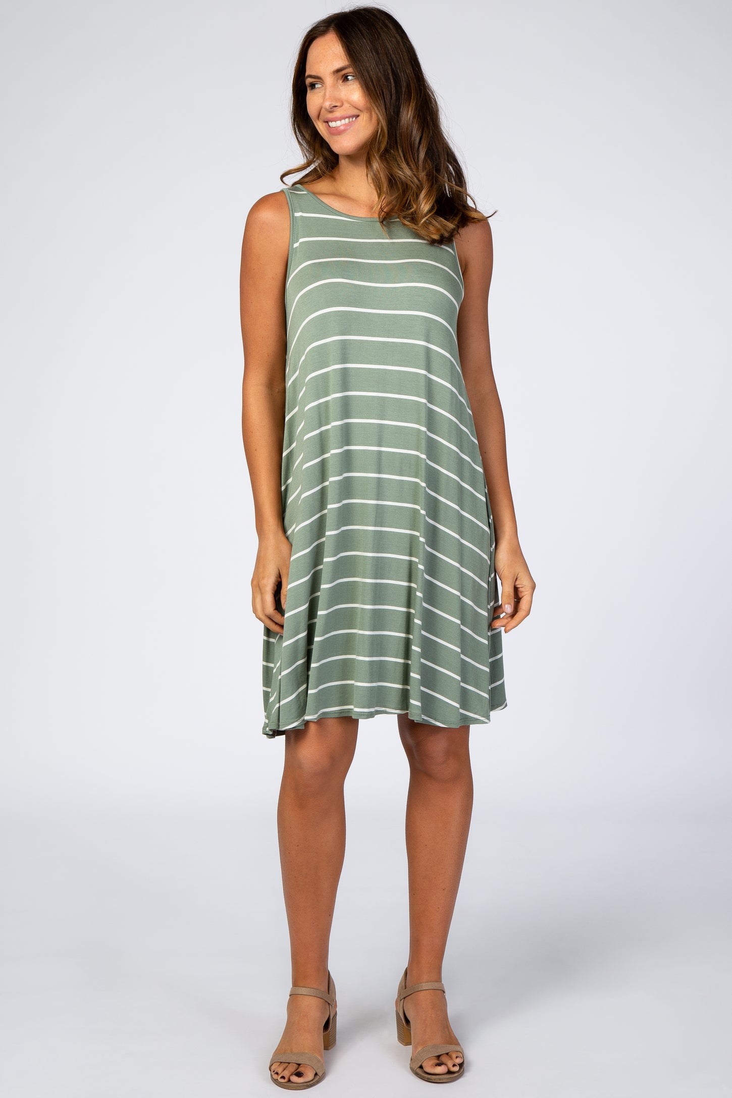 Light Olive Striped Sleeveless Maternity Dress