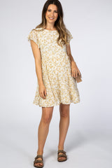 Cream Floral Chiffon Pleated Flutter Sleeve Maternity Dress