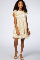 Cream Floral Chiffon Pleated Flutter Sleeve Dress