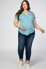 Blue V-Neck Raw Hem Maternity Plus Short Sleeve Top