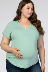 Mint Green V-Neck Raw Hem Maternity Plus Short Sleeve Top