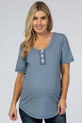 Blue Button Front Maternity T Shirt