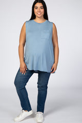 Blue Pocket Front Sleeveless Plus Maternity Top