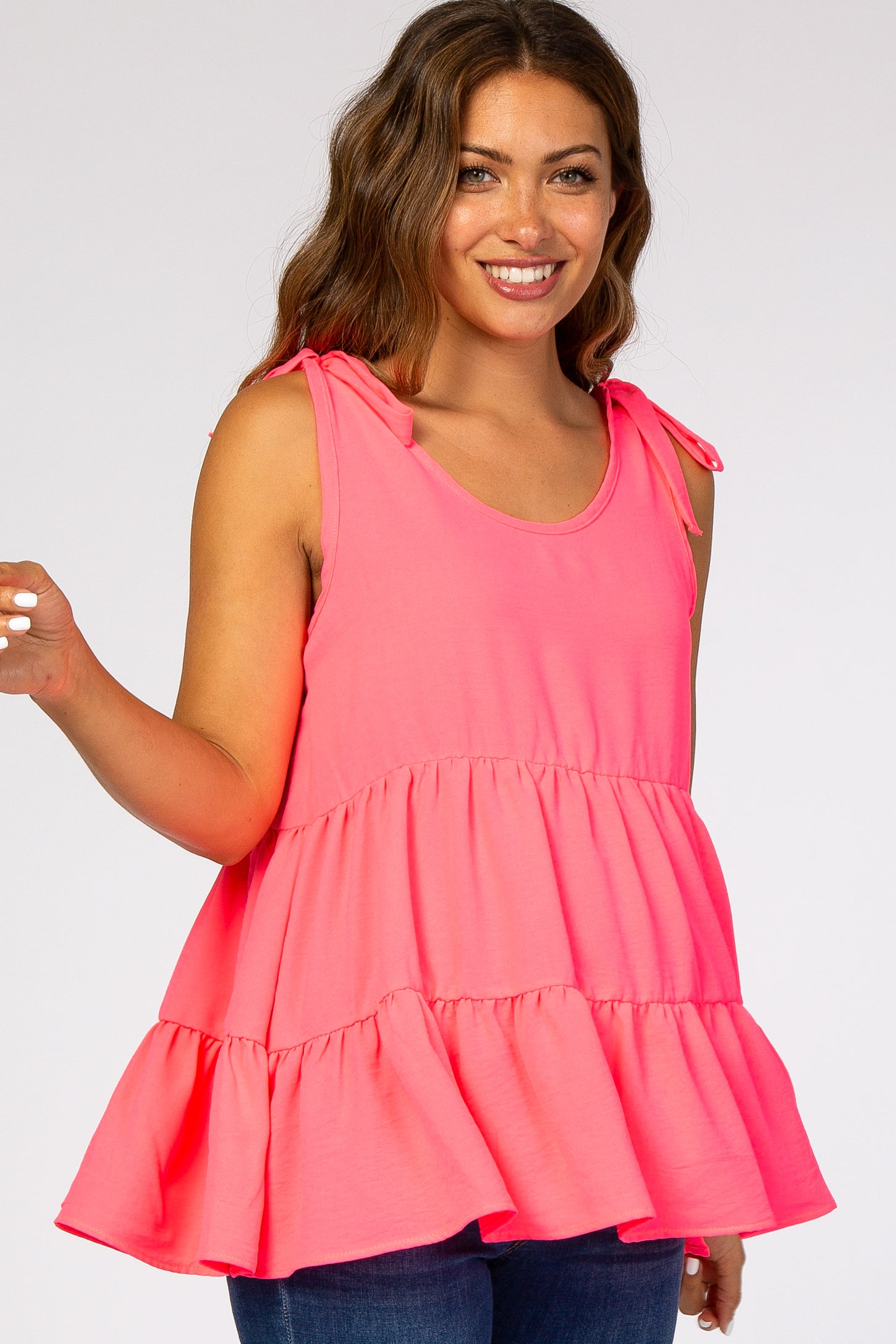 Fuchsia Bow Tie Shoulder Tiered Maternity Tank Top