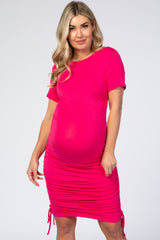 Fuchsia Fitted Ruched Drawstring Side Maternity Dress