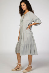 Grey Tiered Crochet Accent Ruffle Midi Dress