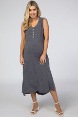Charcoal Button Front Side Slit HI-Low Maternity Dress
