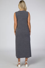 Charcoal Button Front Side Slit HI-Low Maternity Dress