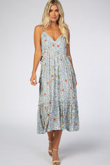 Grey Floral Empire Waist Ruffle Hem Maxi Dress