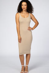 Beige Sleeveless Fitted Ribbed Maternity Dress