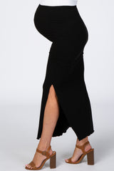 Black Ruched Side Slit Maternity Midi Skirt