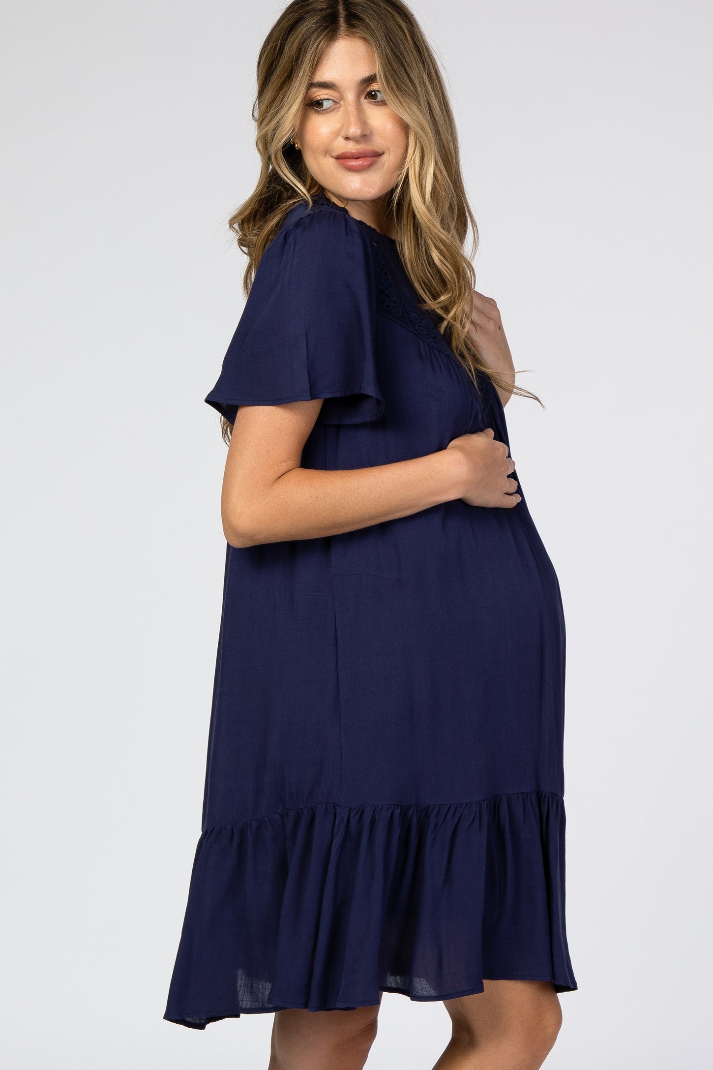 Navy Blue Crochet Front Ruffle Hem Maternity Dress