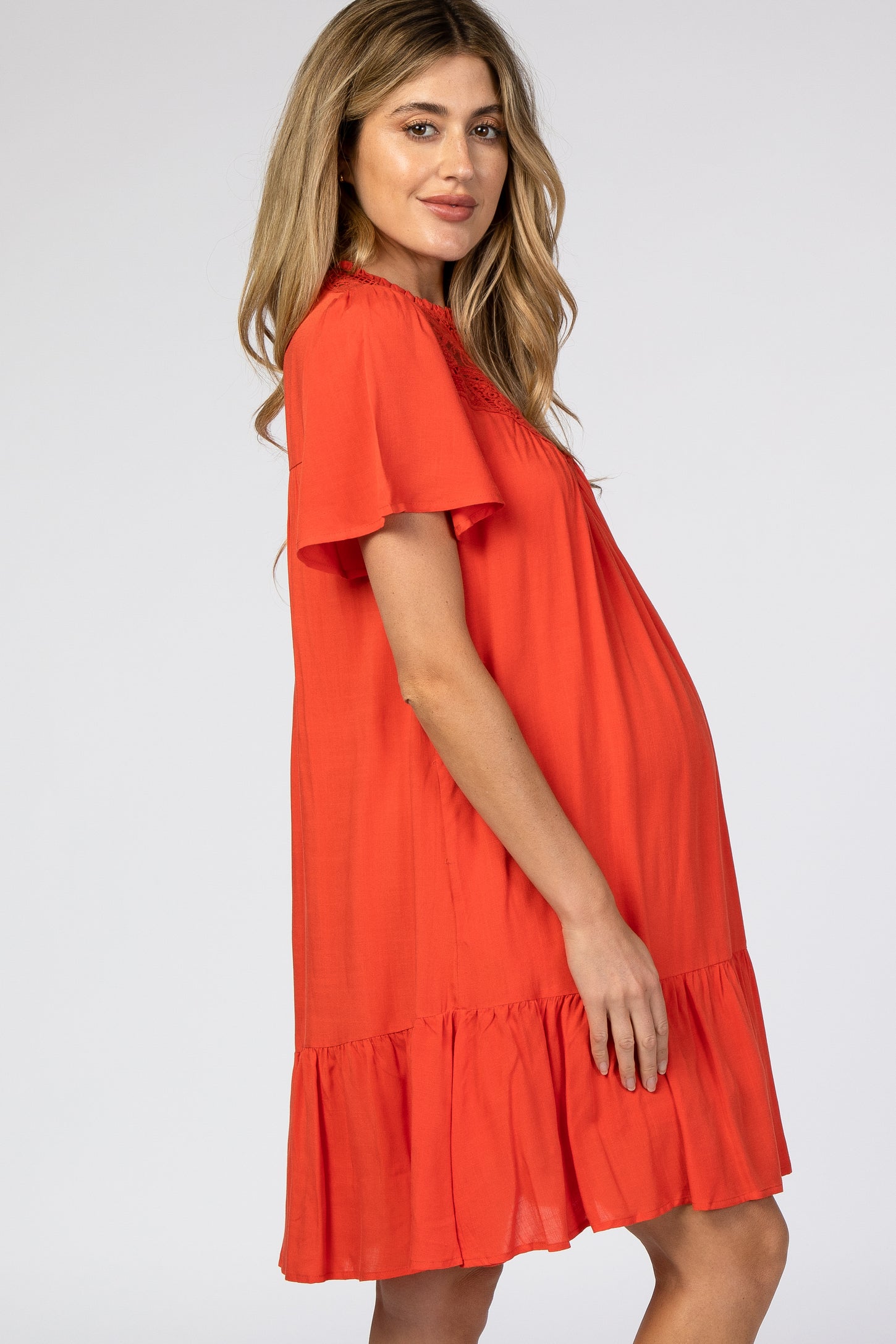 Orange Red Crochet Front Ruffle Hem Maternity Dress