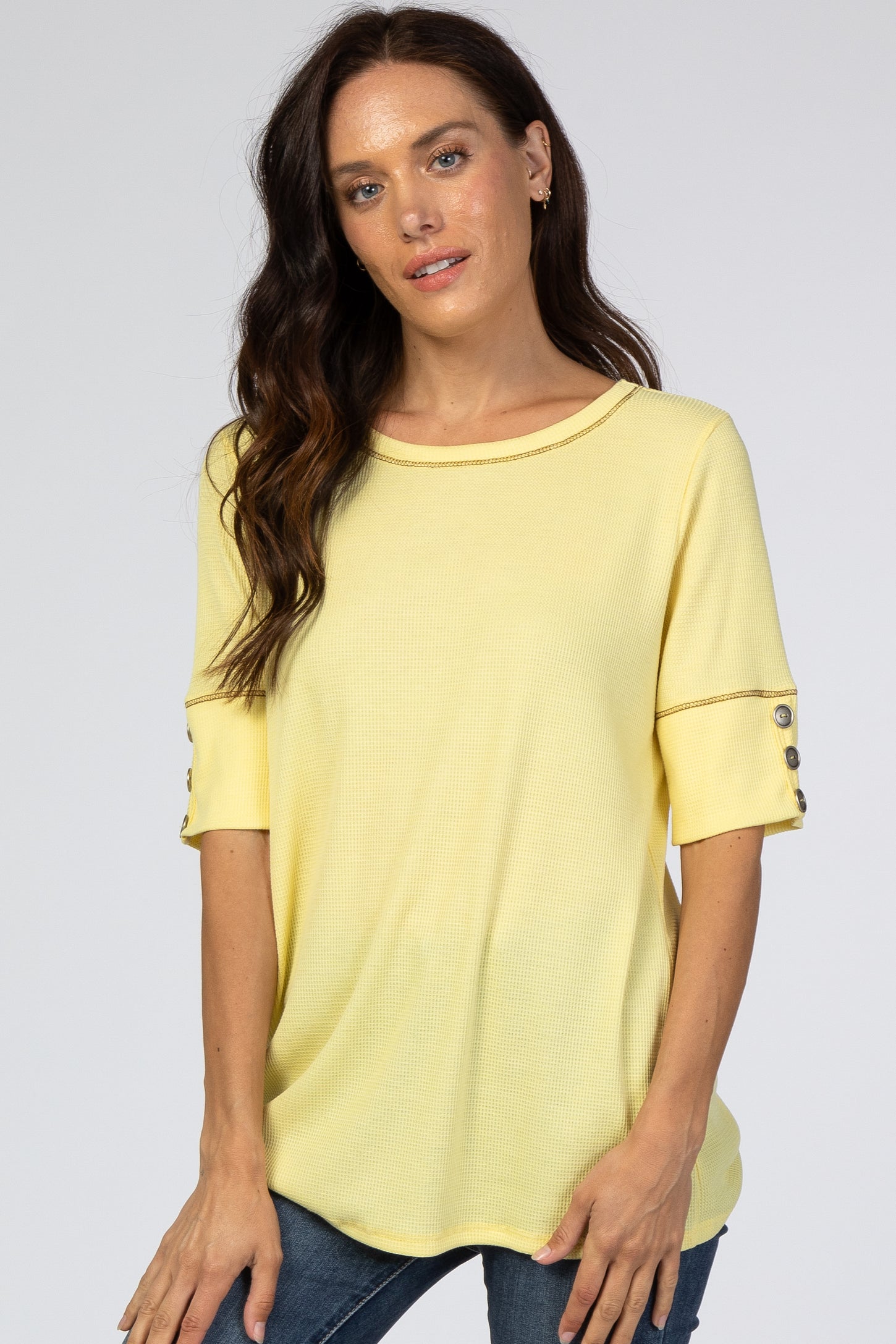 Yellow Waffle Knit Button Sleeve Maternity Top