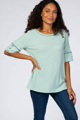 Mint Green Waffle Knit Button Sleeve Top