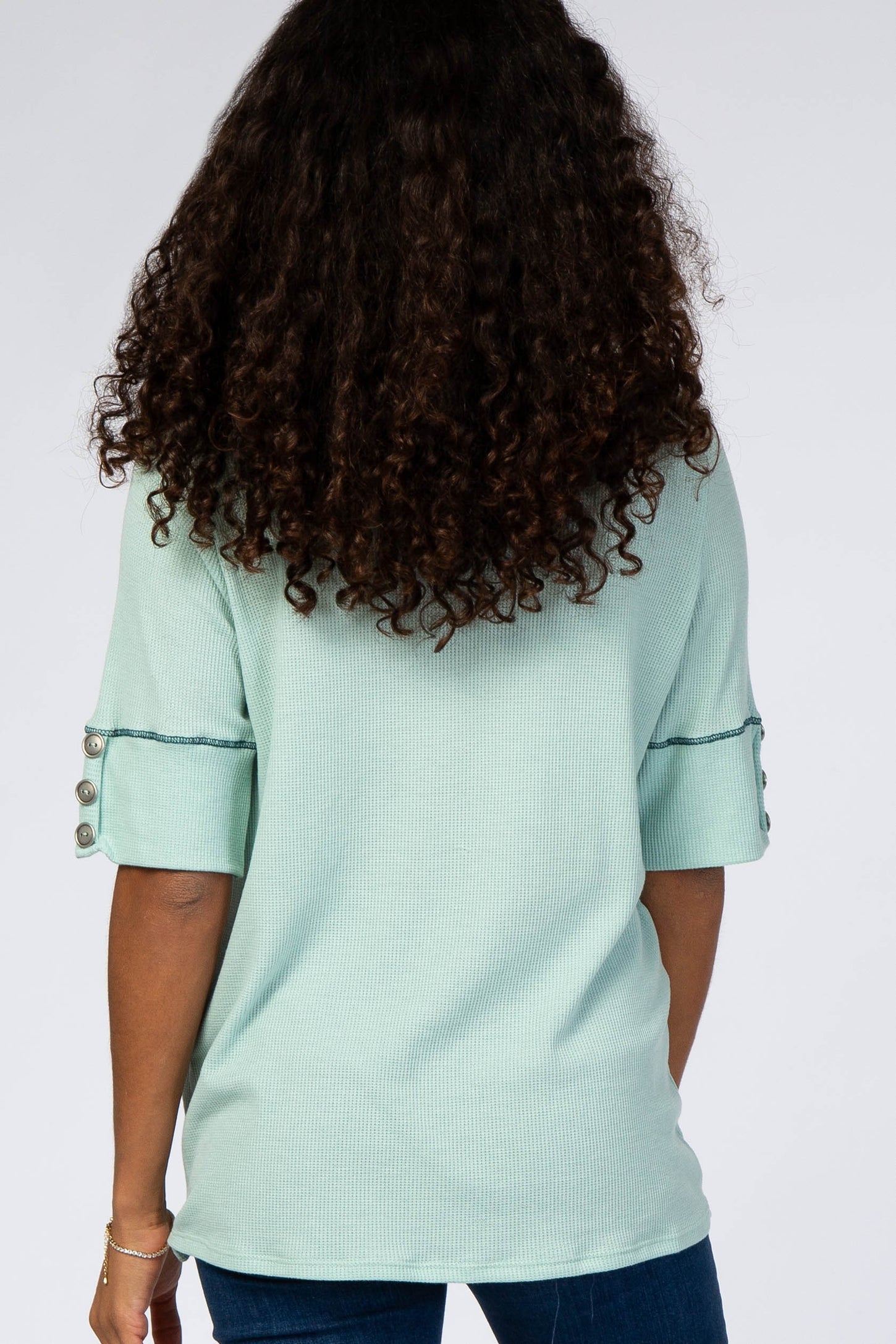 Mint Green Waffle Knit Button Sleeve Top