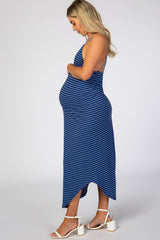 Navy Striped Cross Back Maternity Maxi Dress