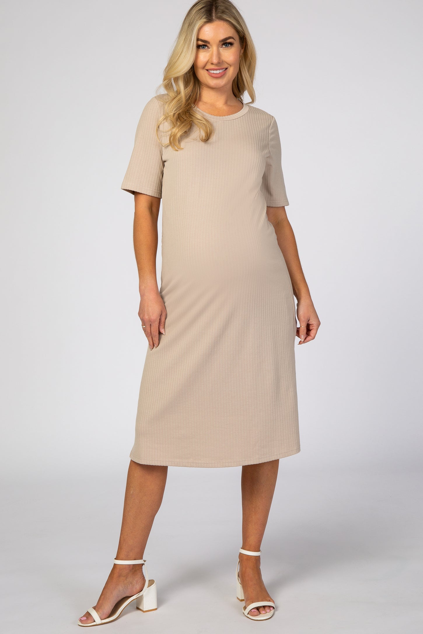 Taupe Ribbed Maternity Midi Dress