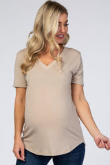 Taupe V-Neck Short Sleeve Maternity Top