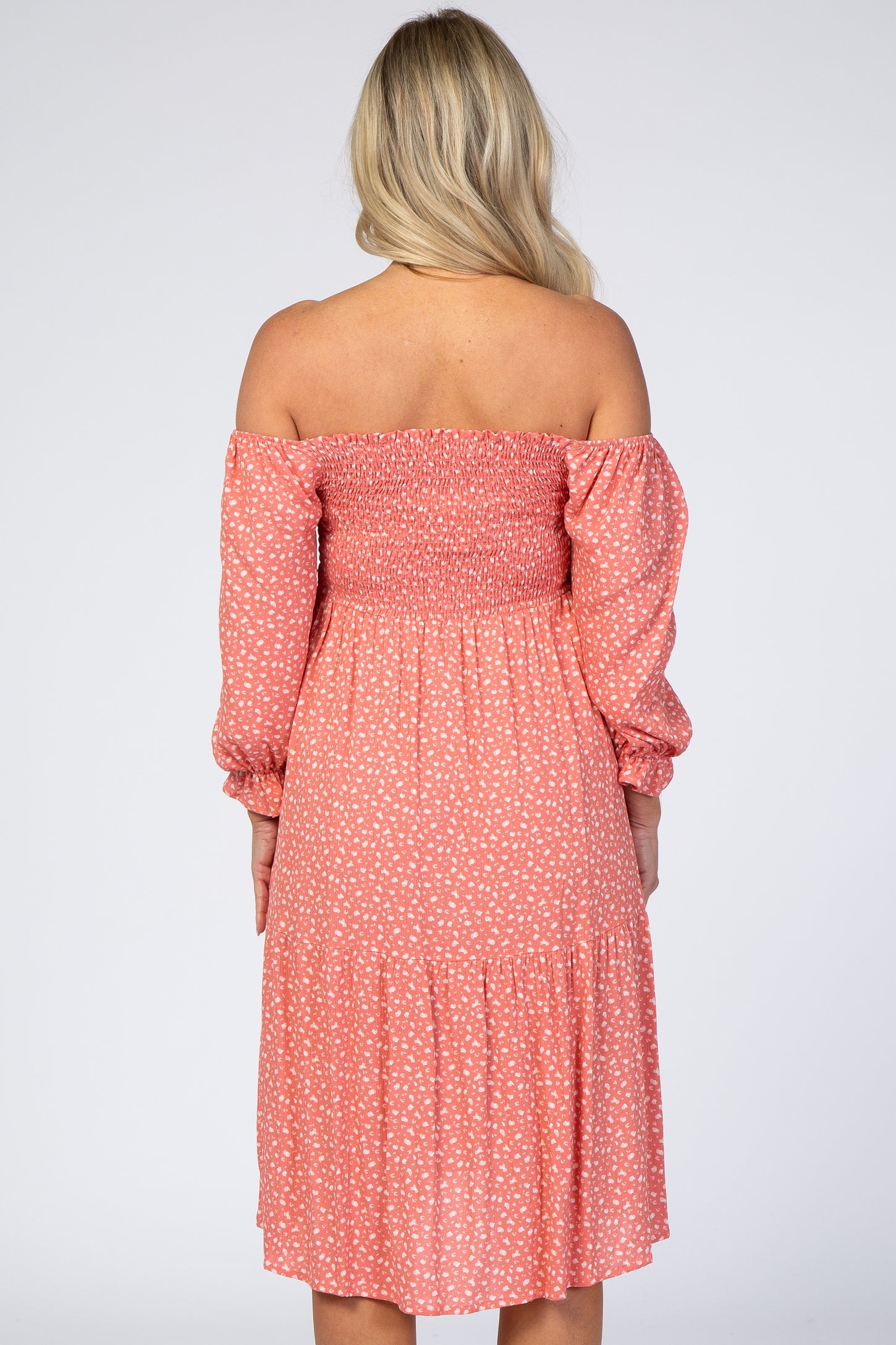 Coral Dot Printed Smocked Off Shoulder Maternity Midi Dress