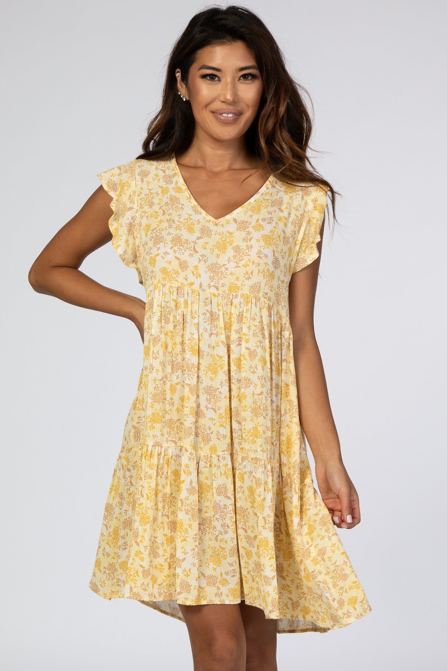 Yellow Floral Ruffle Sleeve Pleated Tier Mini Dress