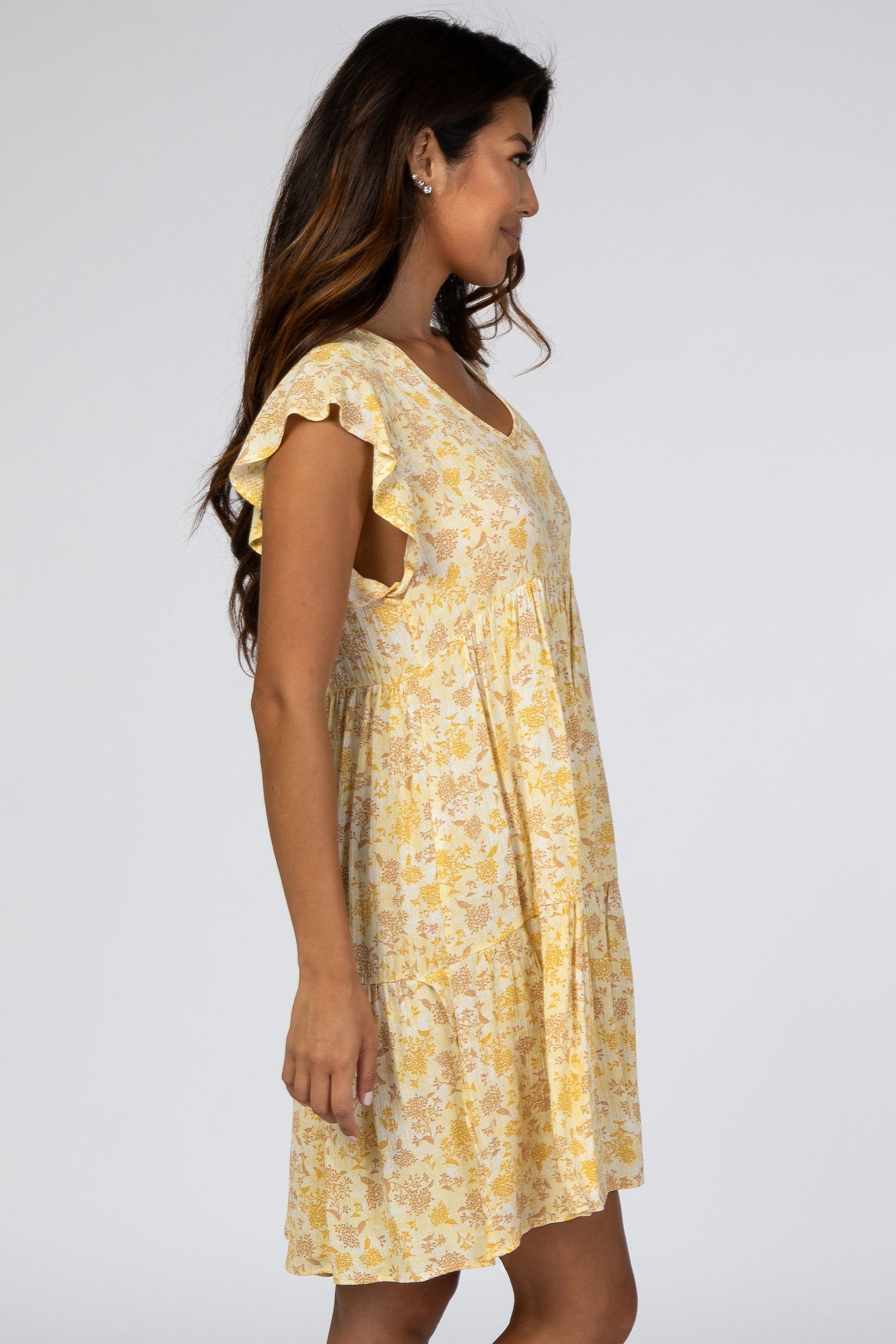 Yellow Floral Ruffle Sleeve Pleated Tier Mini Dress