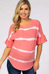 Coral Tie Dye Striped Ruffle Sleeve Maternity Top