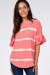 Coral Tie Dye Striped Ruffle Sleeve Maternity Top
