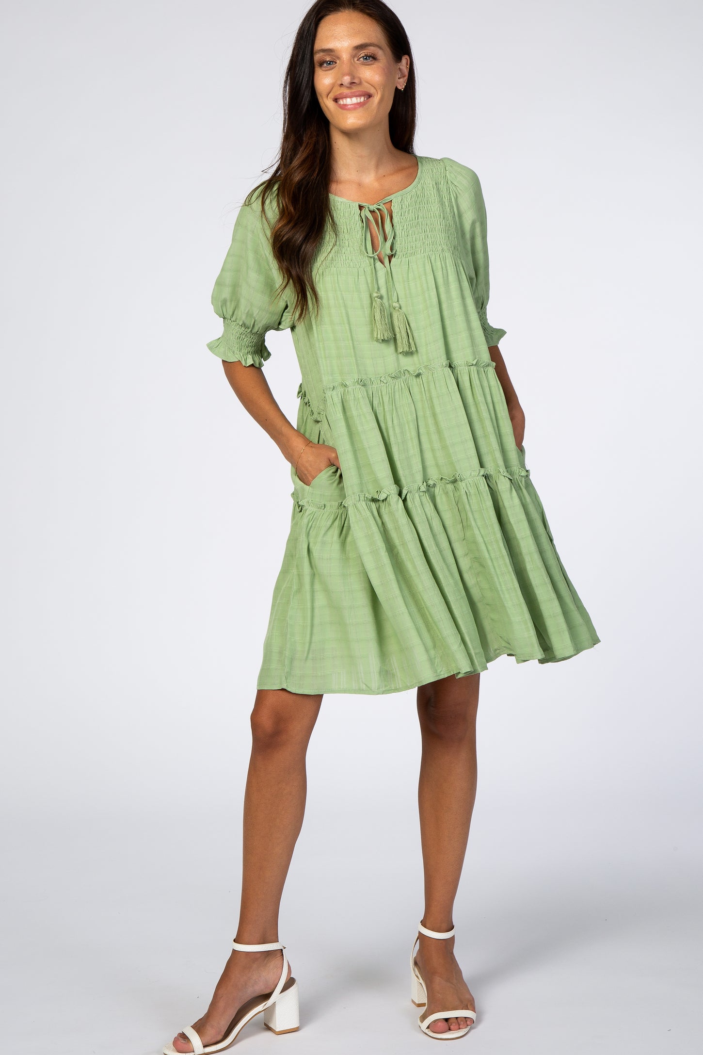 Green Smocked Tiered Maternity Dress
