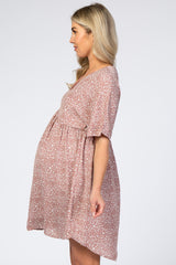 Mauve Leopard Print V-Neck Babydoll Maternity Mini Dress