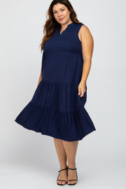 Navy Blue Split Neck Tiered Plus Midi Dress