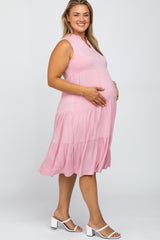 Pink Split Neck Tiered Maternity Plus Midi Dress