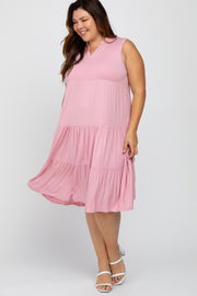 Pink Split Neck Tiered Plus Midi Dress