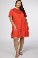 Orange Red Crochet Front Ruffle Hem Plus Dress