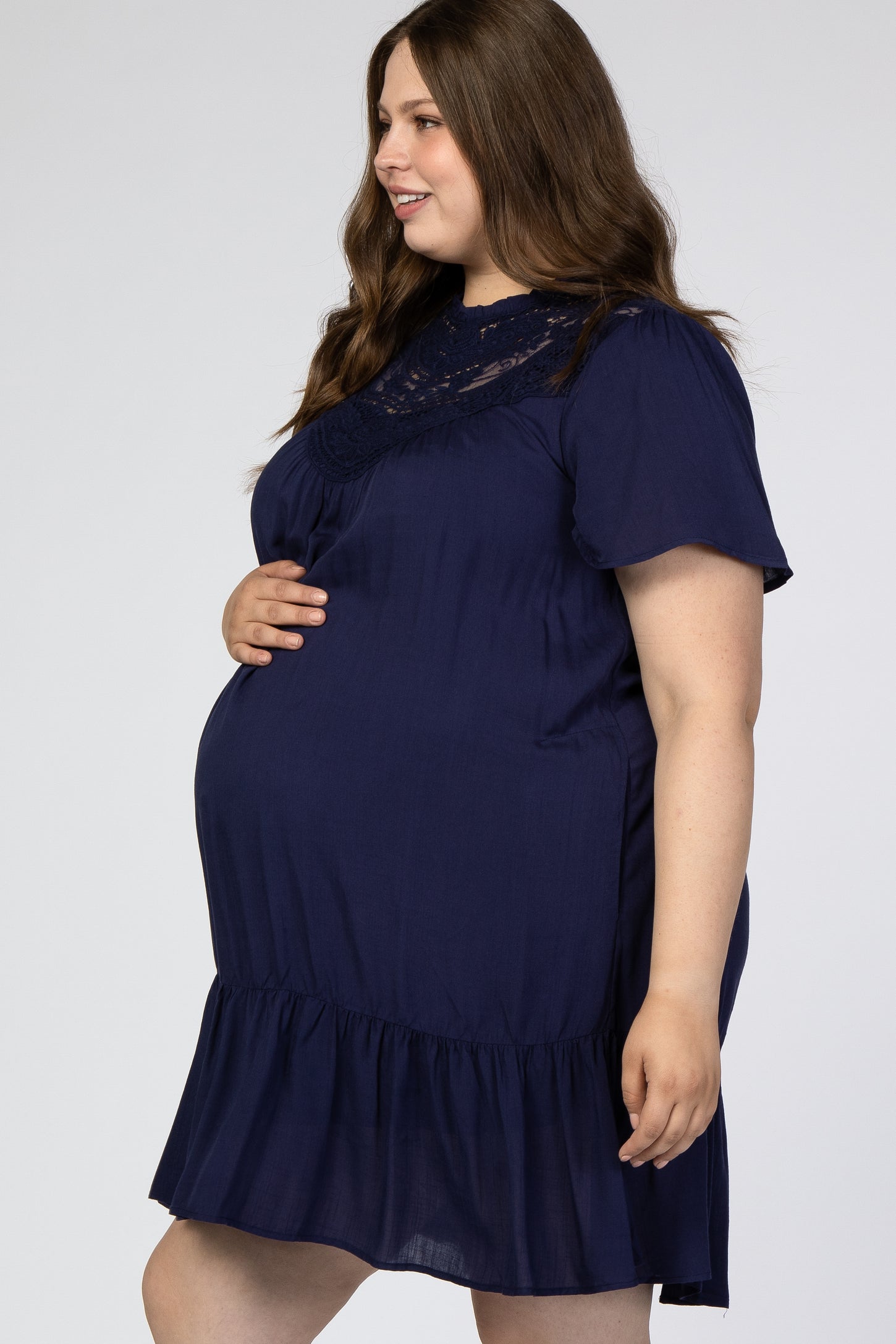 Navy Blue Crochet Front Ruffle Hem Maternity Plus Dress