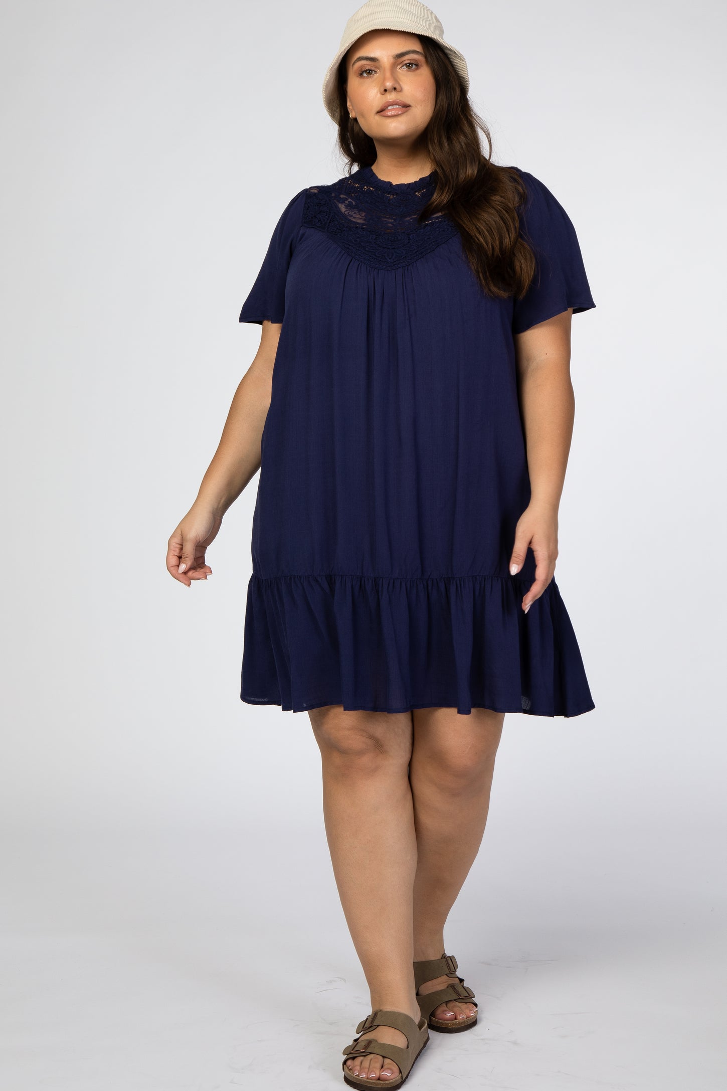 Navy Blue Crochet Front Ruffle Hem Maternity Plus Dress