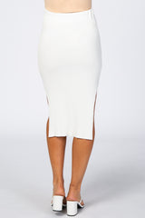Ivory Ribbed Side Slit Midi Skirt